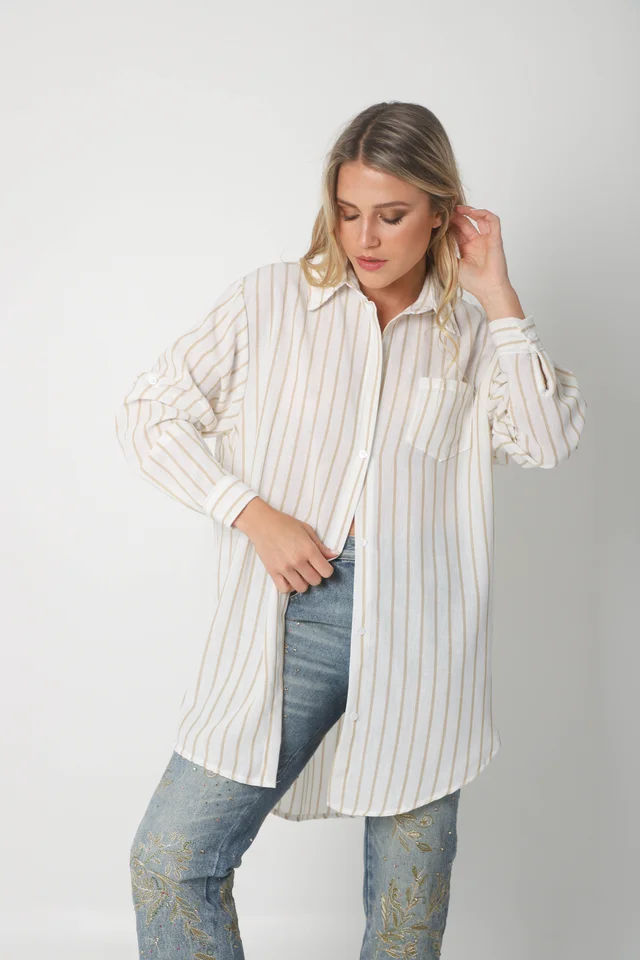 Camisa Emili Lino Larga Rayada con Bolsillo