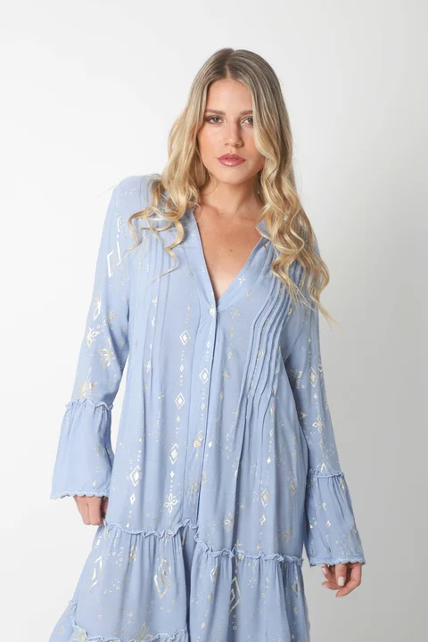 Vestido CINDERELA POPLIN ESTAMPADO  c/ recortes y volados GU4669