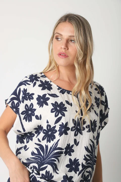 Blusa Lino Amplia Chenay Hojas c/ Strass  GU6130N