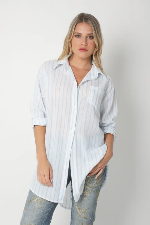 Camisa Emili Lino Larga Rayada con Bolsillo