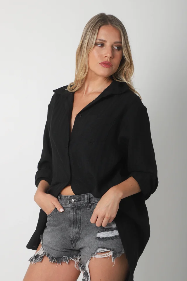 Camisa MARQUESA LARGA  de Lino con Fantasia y Bolsillo 