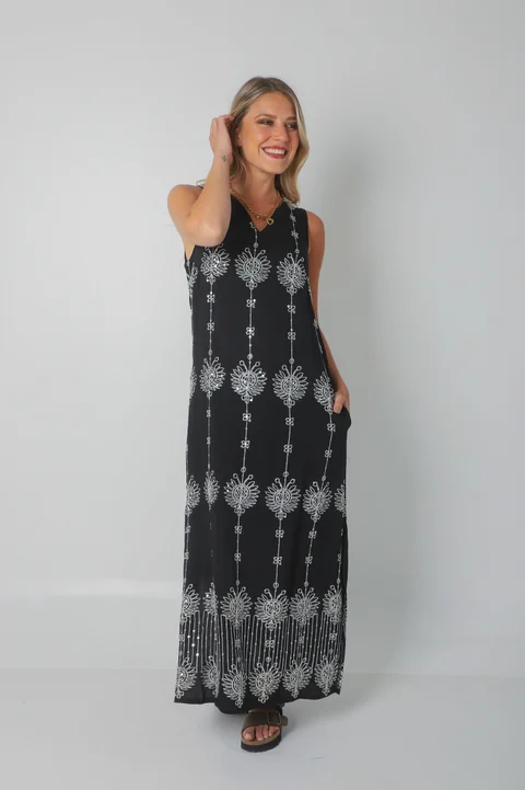 Vestido ZAFIRO de Lino c/Lentejuelas Hojas y Bolsillos GU250107