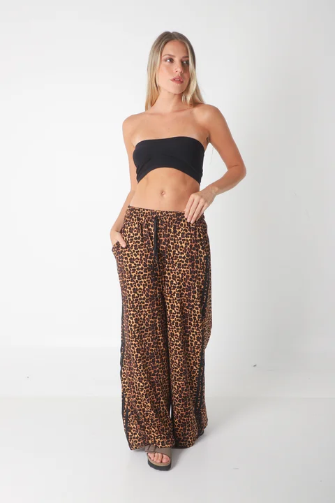 Pantalon Leopard Print Modal con Tiras
