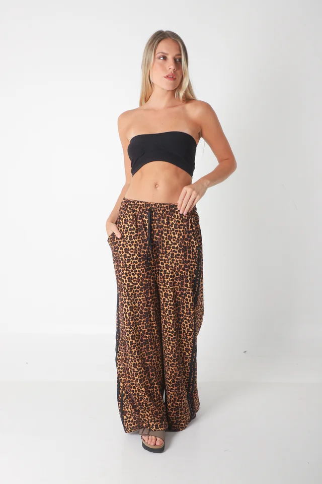 Pantalon Leopard Print Modal con Tiras