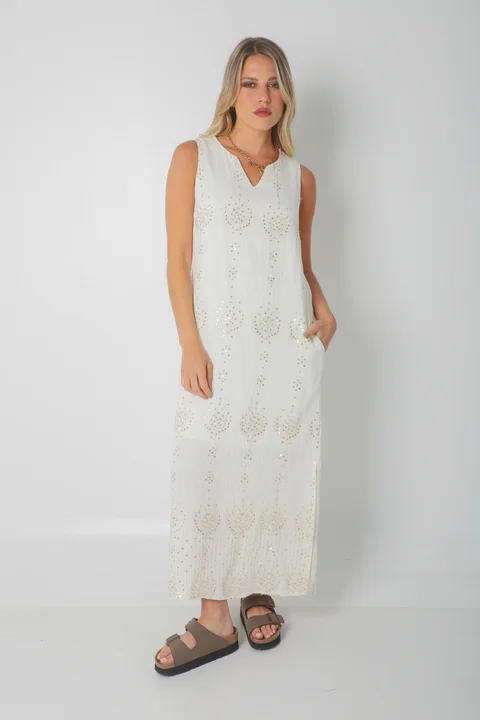 Vestido ZAFIRO de Lino c/Lentejuelas Hojas y Bolsillos GU250107