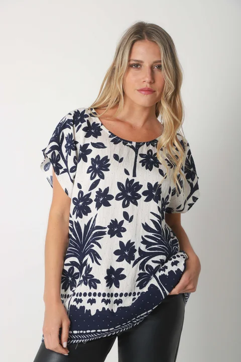 Blusa Lino Amplia Chenay Hojas c/ Strass  GU6130N