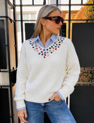 Sweater LUXE Escote V con Piedras de Colores GU81330 - Vista 2