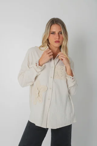 Camisa Biela de LINO c/Crochet GU250116 - Vista 4