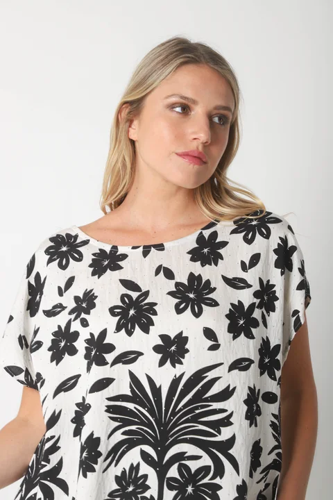 Blusa Lino Amplia Chenay Hojas c/ Strass  GU6130N