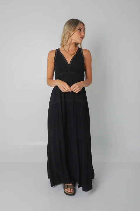 Vestido MURIEL de lino c/ guardas Guipiure GU2523