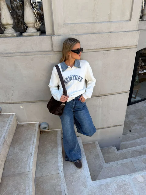 Sweater NEW YORK con jean y perlas en cuello GU67702