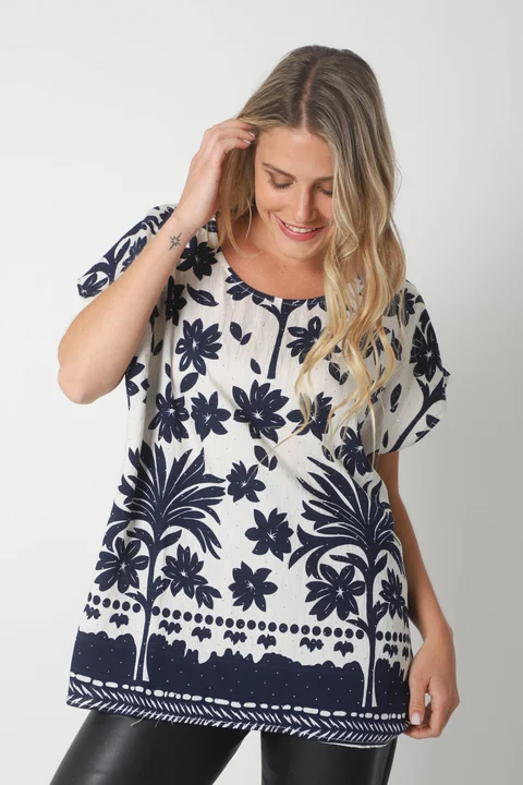 Blusa Lino Amplia Chenay Hojas c/ Strass  GU6130N