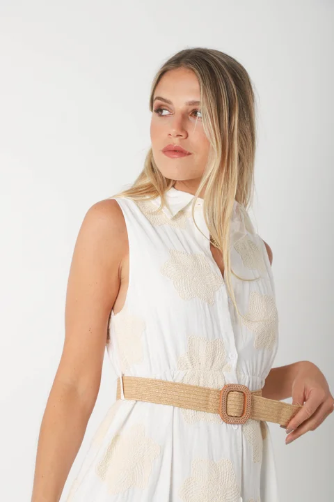 Vestido LOOK Camisero de LINO Bordado Con Cinto GU250114