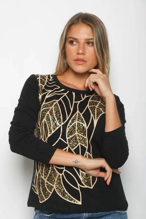 Remera HOJAS con Strass GU70047