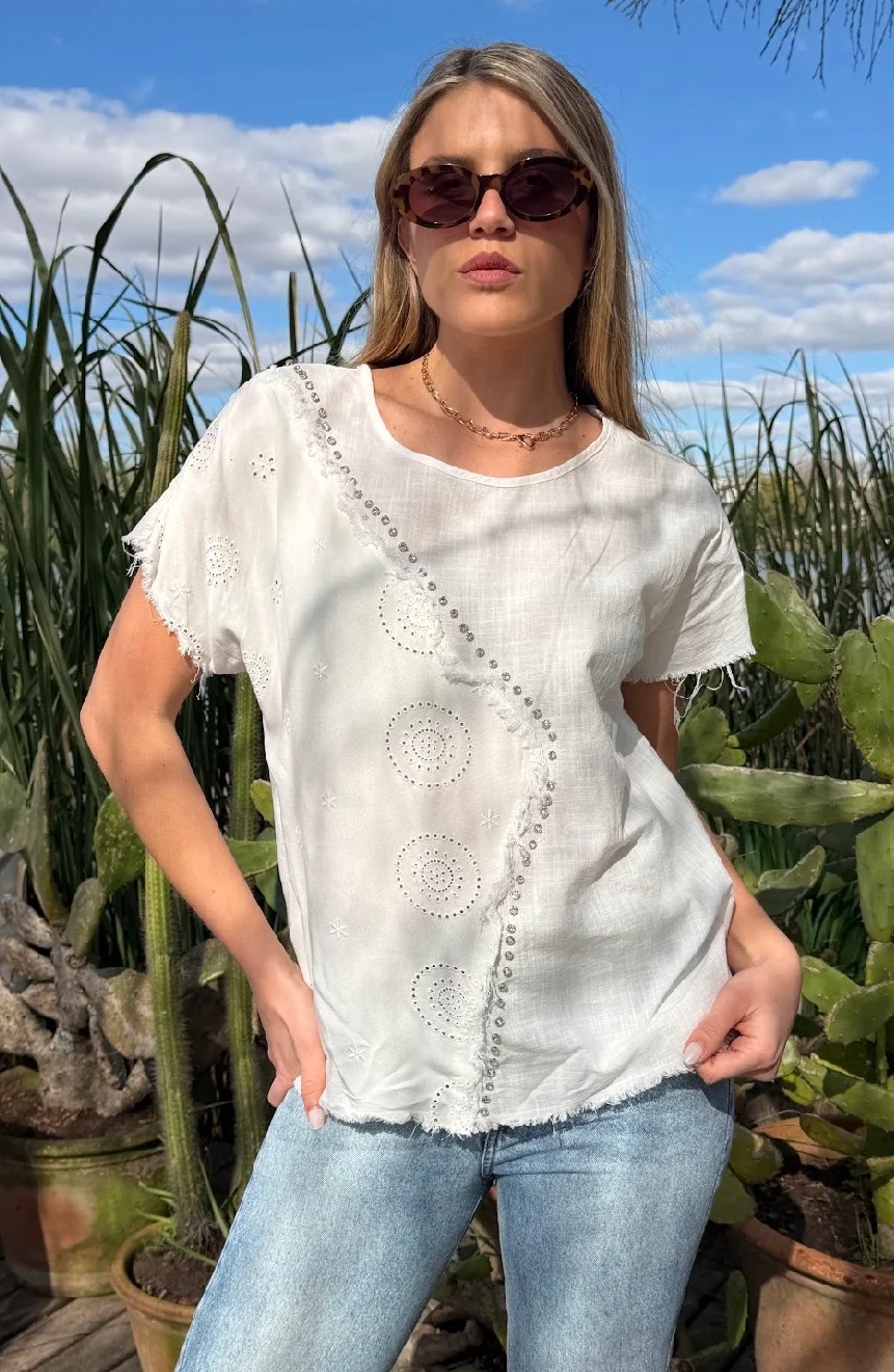 Blusa ARLEN Lino y Broderie con Piedras GU70214