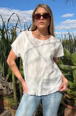 Blusa ARLEN Lino y Broderie con Piedras GU70214 - Vista 4