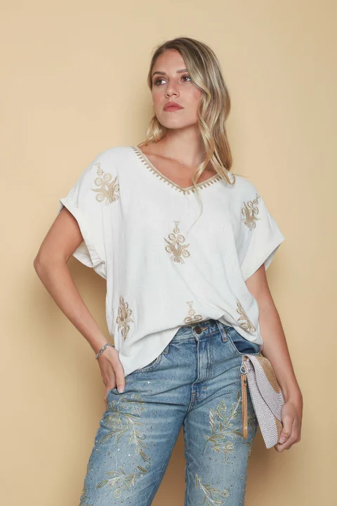 Blusa CATALUÑA Bordada de Lino GU0532