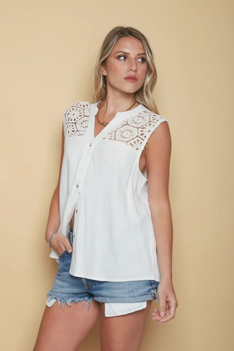 Camisa KARIN de Lino Sin Manga C/ Crochet GU0544
