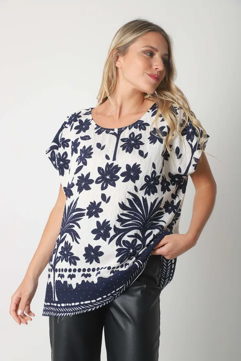 Blusa Lino Amplia Chenay Hojas c/ Strass  GU6130N