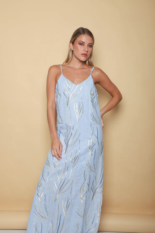 Vestido SANSA de Lino Forrado c/ Lentejuelas Bordadas GU70142