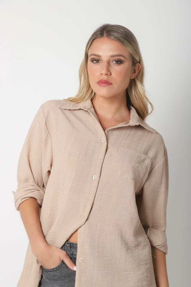 Camisa MARQUESA LARGA  de Lino con Fantasia y Bolsillo 