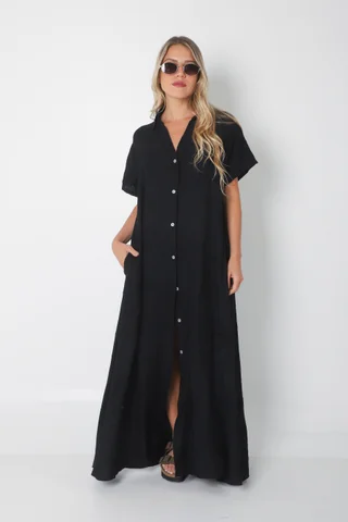  Vestido VANDALI Camisero de Lino c/ Hojas Bordadas GU2526 - Vista 4