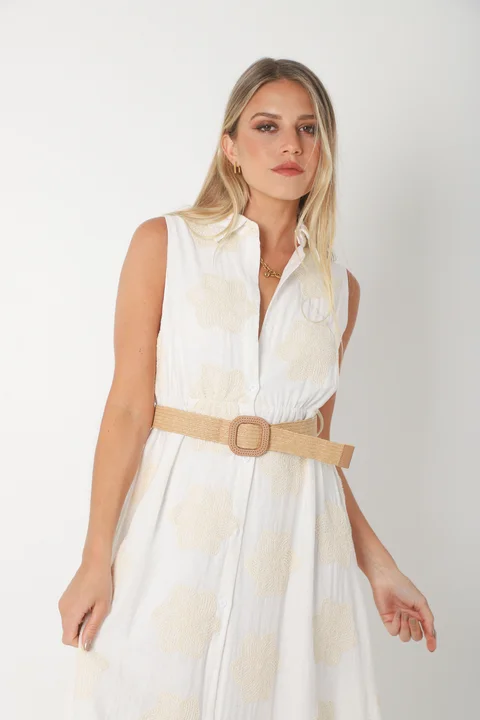 Vestido LOOK Camisero de LINO Bordado Con Cinto GU250114