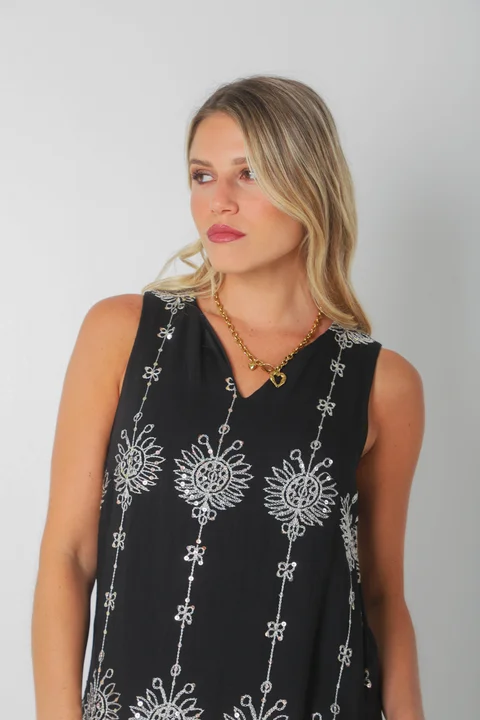 Vestido ZAFIRO de Lino c/Lentejuelas Hojas y Bolsillos GU250107