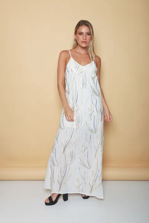 Vestido SANSA de Lino Forrado c/ Lentejuelas Bordadas GU70142