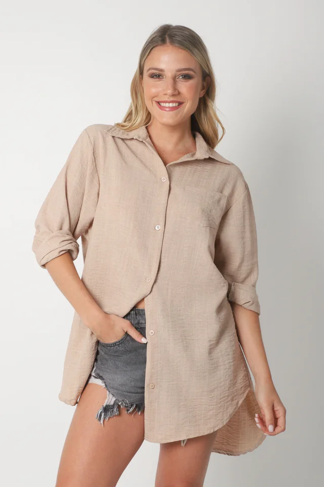 Camisa MARQUESA LARGA  de Lino con Fantasia y Bolsillo 