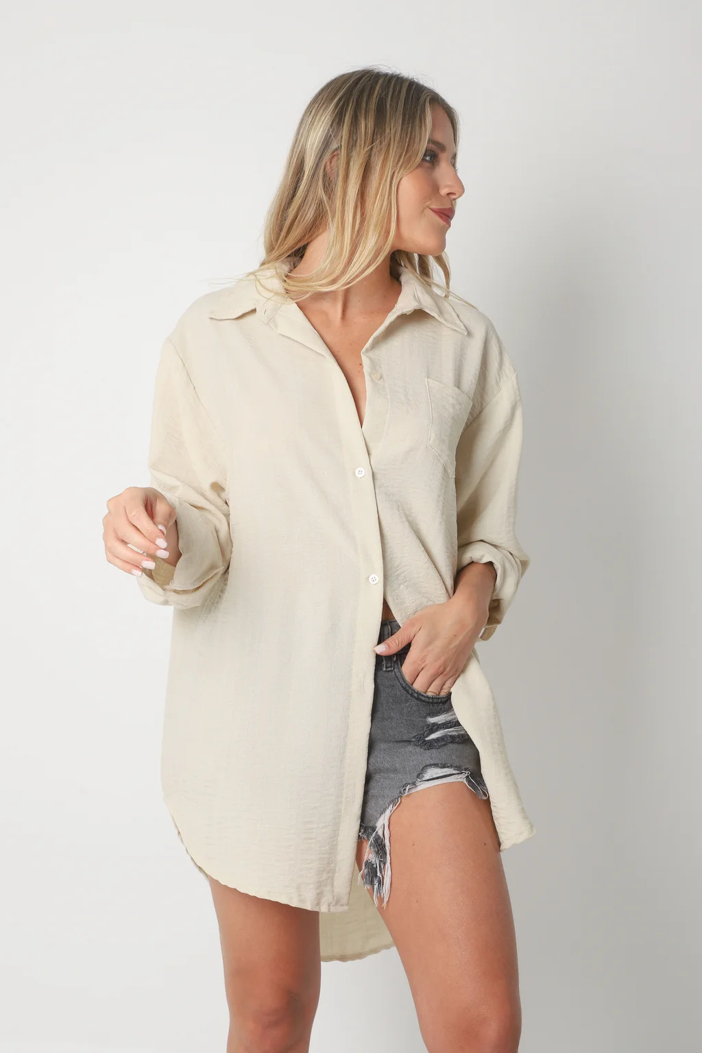Camisa MARQUESA LARGA  de Lino con Fantasia y Bolsillo 