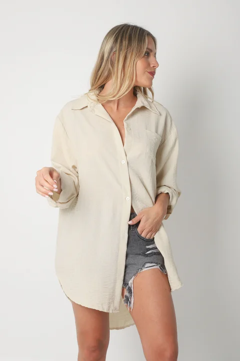 Camisa MARQUESA LARGA  de Lino con Fantasia y Bolsillo 