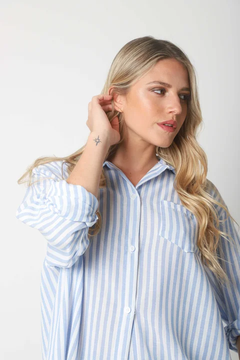 Camisa LOISA Lino Larga Raya ANCHA con Bolsillo