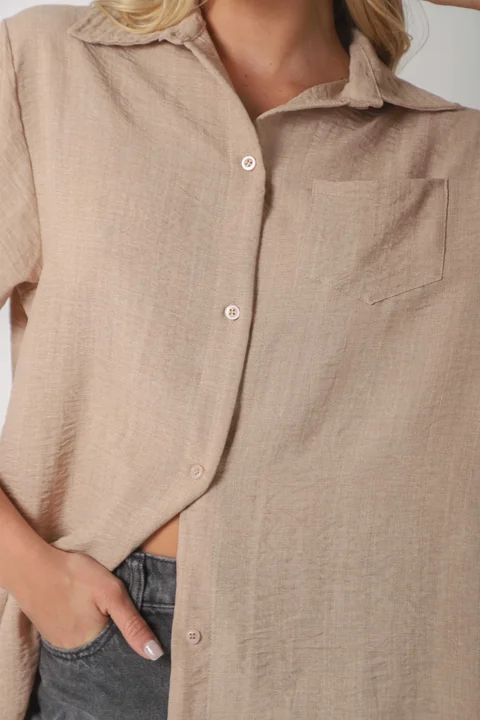 Camisa MARQUESA LARGA  de Lino con Fantasia y Bolsillo 