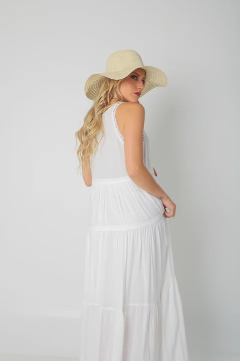 Vestido MURIEL de lino c/ guardas Guipiure GU2523