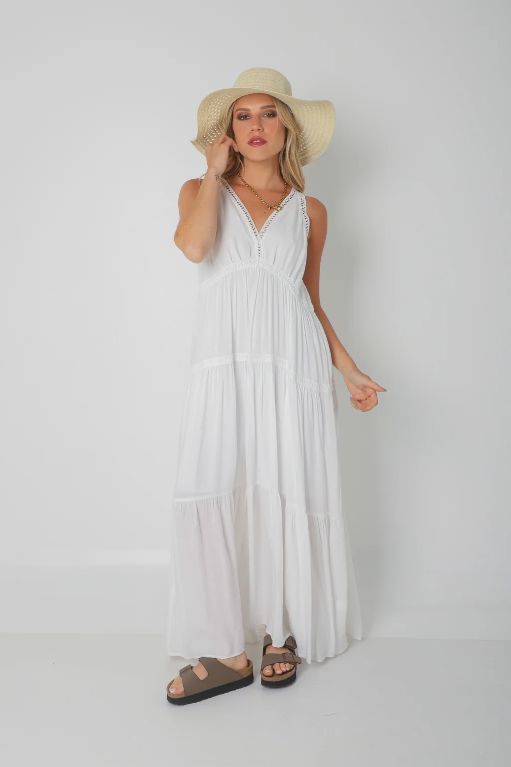 Vestido MURIEL de lino c/ guardas Guipiure GU2523