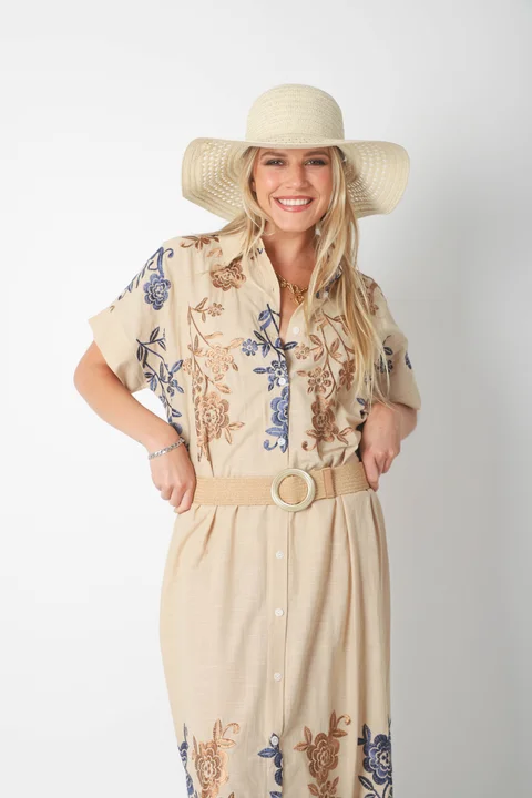 Vestido Camisero VONDO Lino Bordado y Cinto GU42