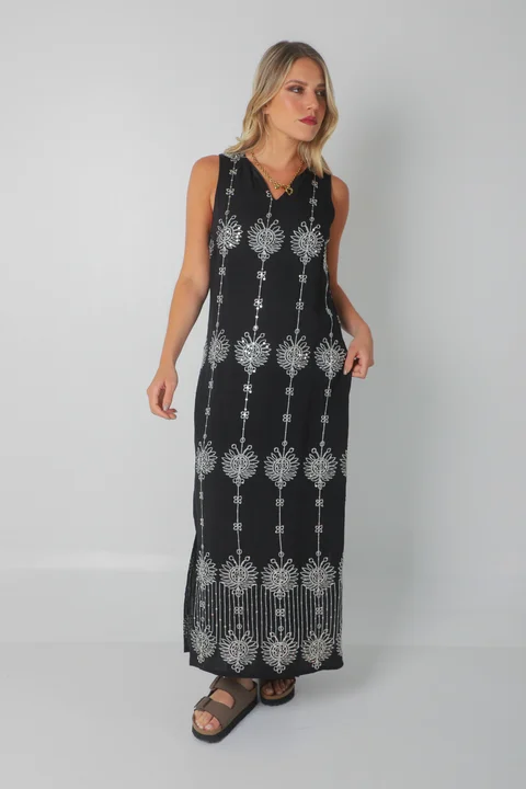 Vestido ZAFIRO de Lino c/Lentejuelas Hojas y Bolsillos GU250107