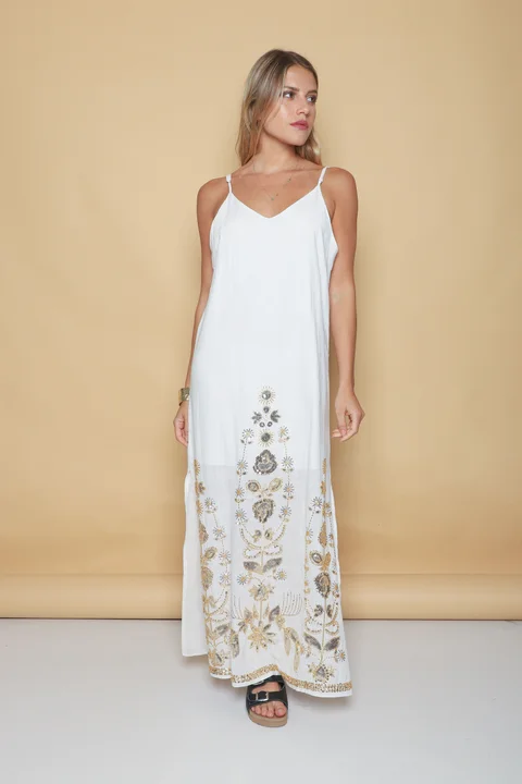 Vestido Rhapsody Amplio Lino con Canutillos Bordados GU4086