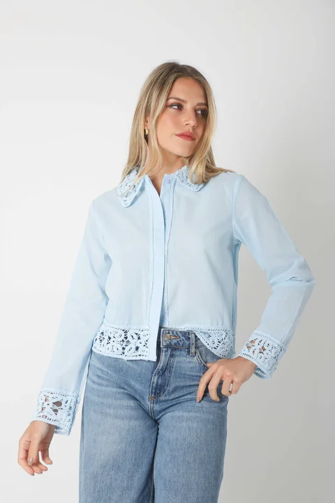 Camisa FARREL Corta de LINO con Crochet GUK70113
