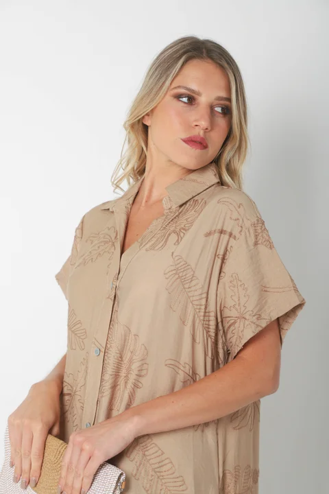  Vestido VANDALI Camisero de Lino c/ Hojas Bordadas GU2526