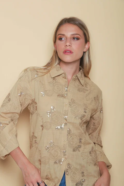 Camisa MISUKI LINO Bordada Flor Lentejuelas GU5192