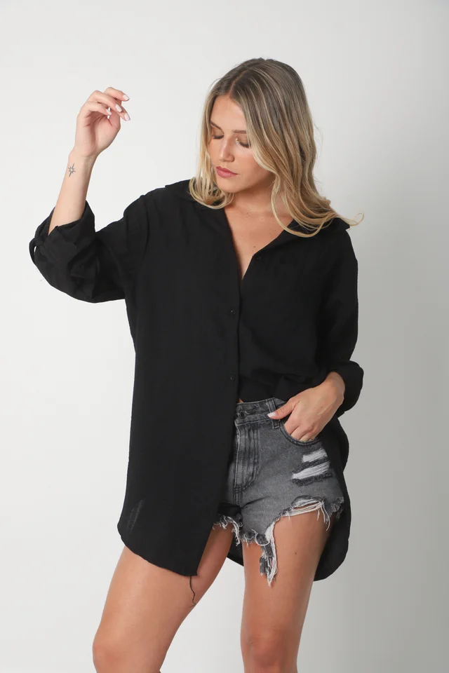 Camisa MARQUESA LARGA  de Lino con Fantasia y Bolsillo 