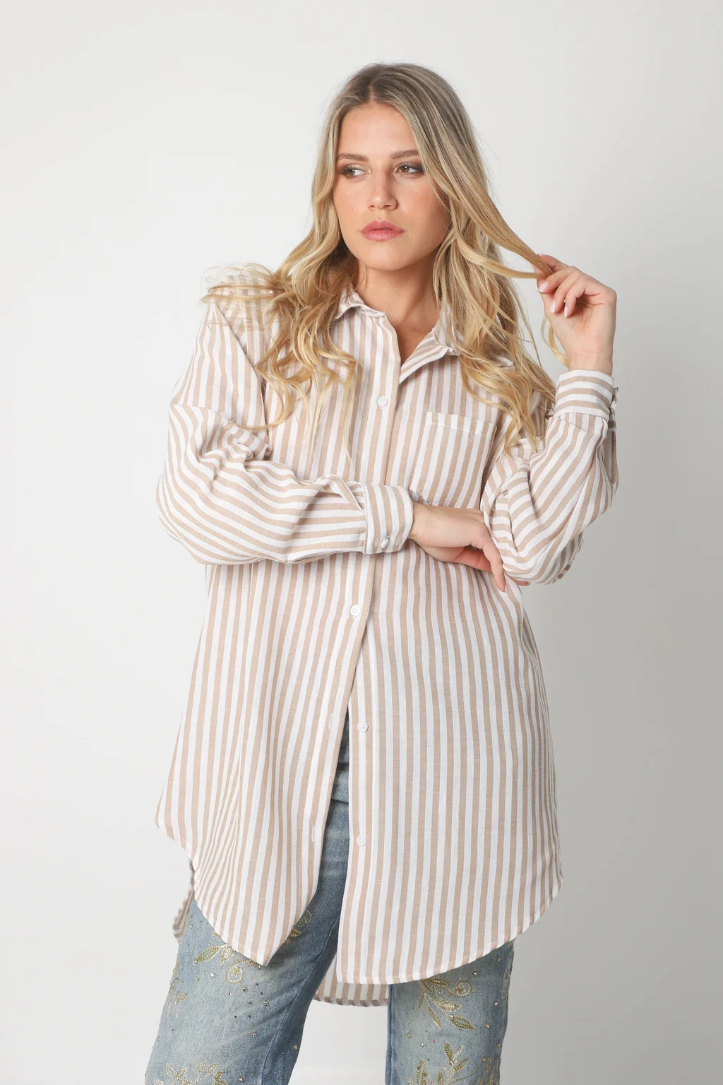 Camisa LOISA Lino Larga Raya ANCHA con Bolsillo