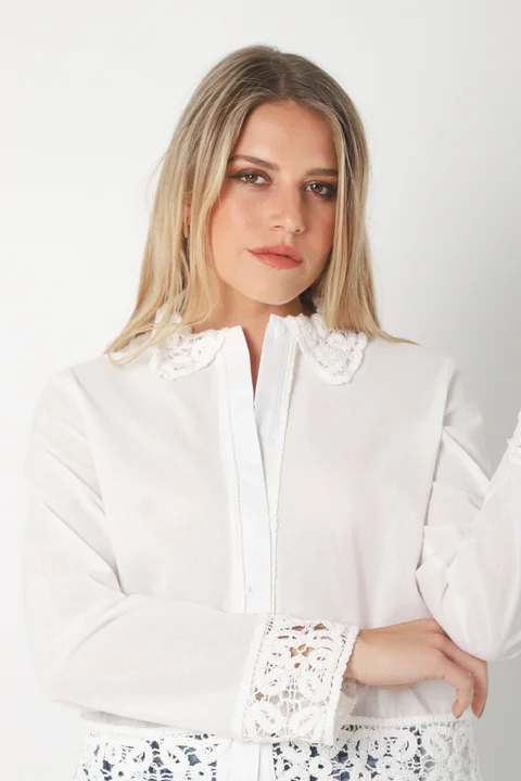 Camisa FARREL Corta de LINO con Crochet GUK70113