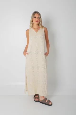 Vestido ZAFIRO de Lino c/Lentejuelas Hojas y Bolsillos GU250107 - Vista 3