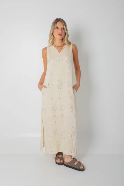 Vestido ZAFIRO de Lino c/Lentejuelas Hojas y Bolsillos GU250107