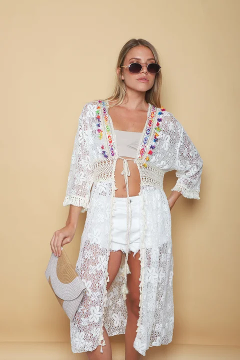 Kimono CERDEÑA Encaje Cuadrille Con Cintura Crochet GUH52737