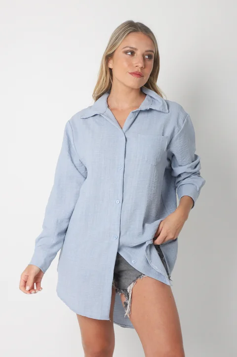 Camisa MARQUESA LARGA  de Lino con Fantasia y Bolsillo 