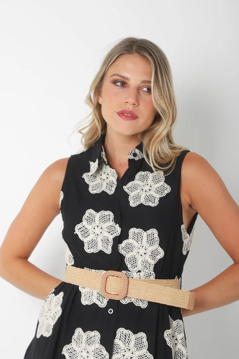 Vestido LOOK Camisero de LINO Bordado Con Cinto GU250114